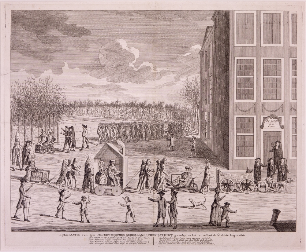 "LIJKSTAATIE van den OUDERWETSCHEN NEDERLANDSCHEN PATRIOT gevolgd na het toneelstuk de Mislukte begraafnis."
