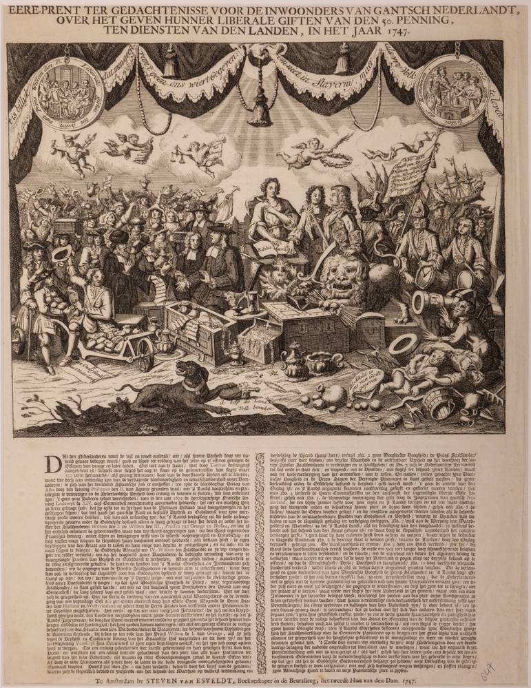 "EERE-PRENT TER GEDACHTENISSE VOOR DE INWOONDERS VAN GANTSCH NEDERLANDT, OVER HET GEVEN HUNNER LIBERALE GIFTEN VAN DEN 50 PENNING, TEN DIENSTEN VAN DE LANDEN IN HET JAAR 1747."