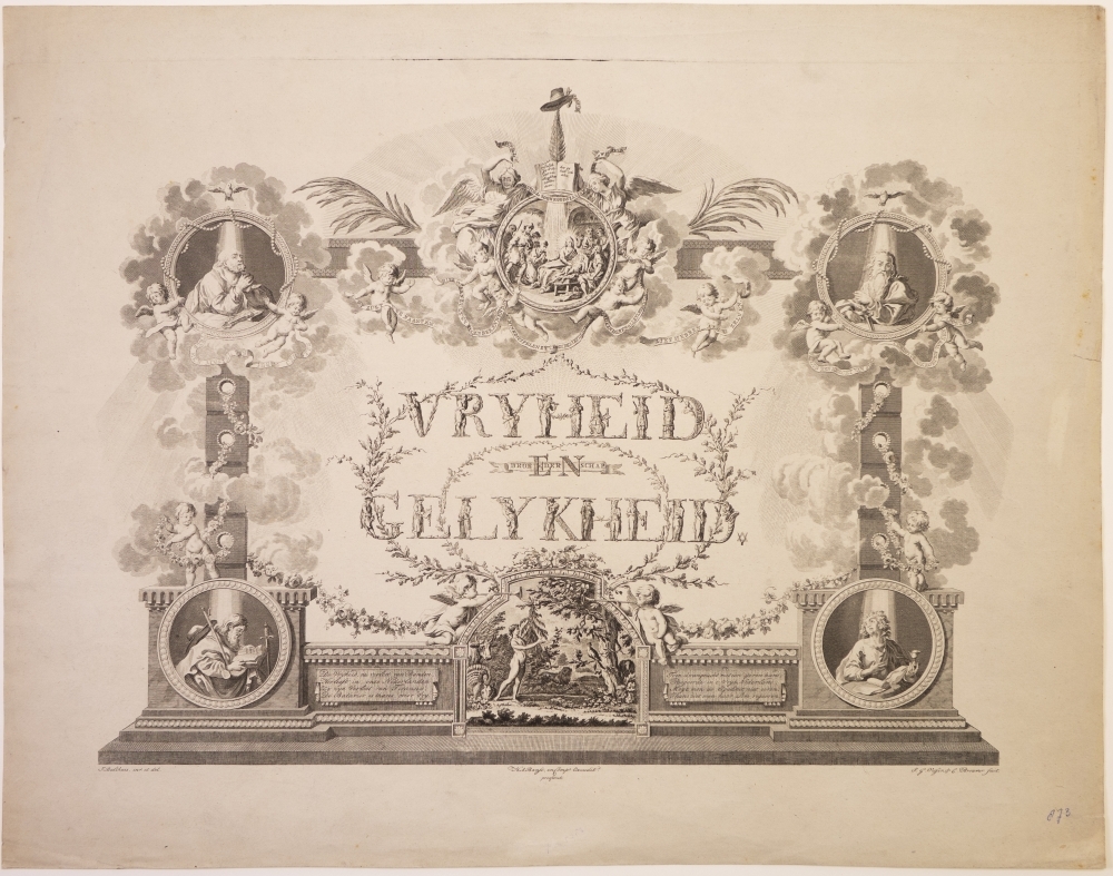 "VRYHEID EN GELYKHEID" Zinneprent ter eere van de omwenteling, en op vrijheid, Gelijkheid en Broederschap.