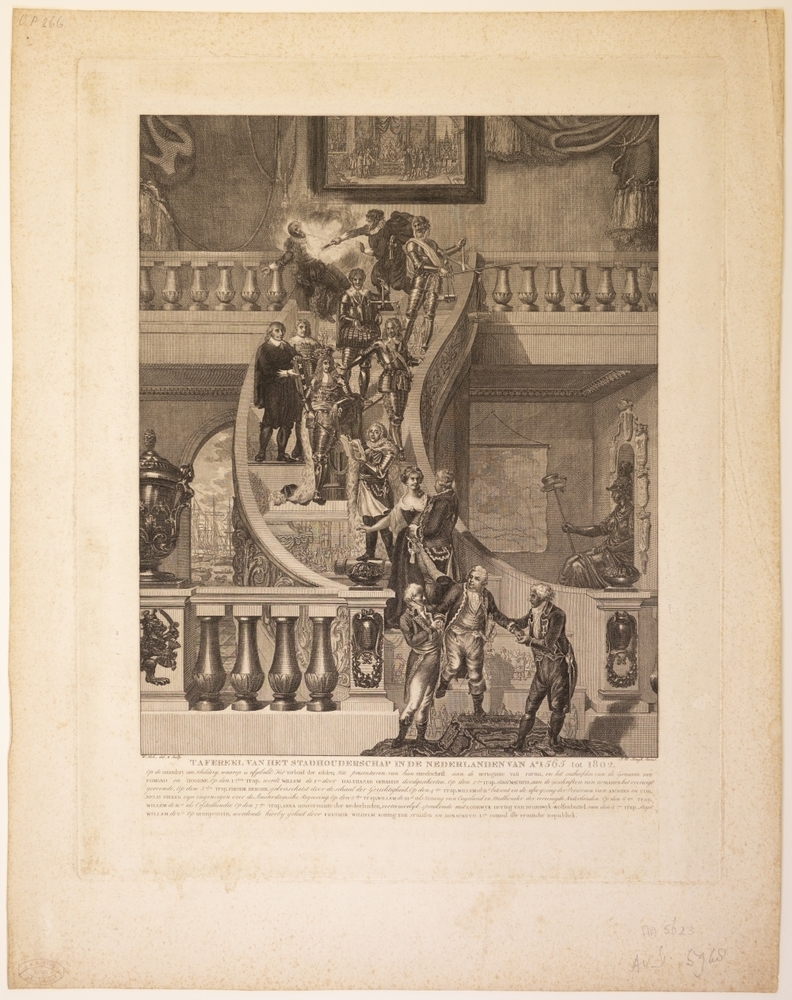 "TAFEREEL VAN HET STADHOUDERSCHAP IN DE NEDERLANDEN VAN Ao 1565 tot 1802." Zinneprent op het verdrag tussen Willem V en de Franse Republiek.