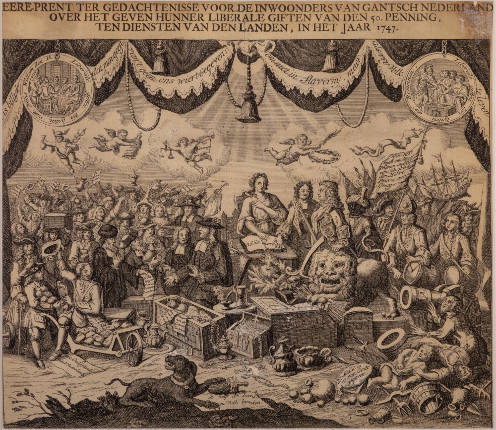 "BERE-PRENT TER GEDACHTENISSE VOOR DE INWOONERS VAN GATSCH NEDERLANDT, OVER HET GEVEN HUNNER LIBERALE GIFTEN VAN DEN 50 PENNING, TEN DIENSTEN VAN DEN LANDEN IN HET JAAR 1747."