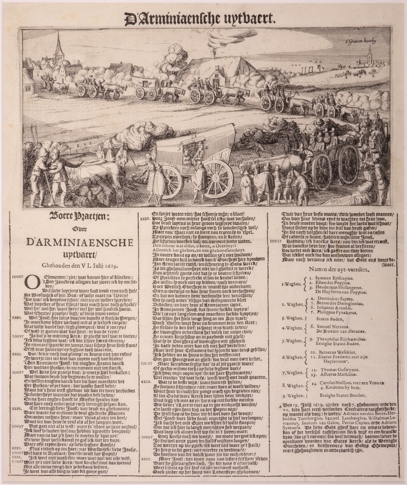 "D'Arminiaensche uytvaert." Spotprent op de uittocht der Remonstranten.