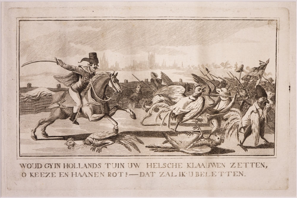 "WOUD GY IN HOLLANDS TUIN UW HELSCHE KLAAUWEN ZETTEN, O KEEZE EN HAANEN ROT! - DAT ZAL IK U BELETTEN." Zinneprent op de Pruisschische Interventie.