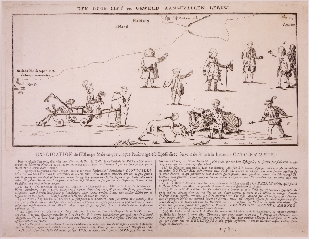"DEN DOOR LIST en GEWELD  AANGEVALLEN LEEUW." Zinneprent over onze toenmalige toestand in Holland.