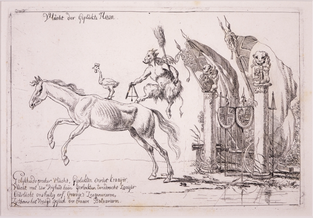 "Vlucht der Geplukte Haan." Spotprent op de van het Franse bewind.