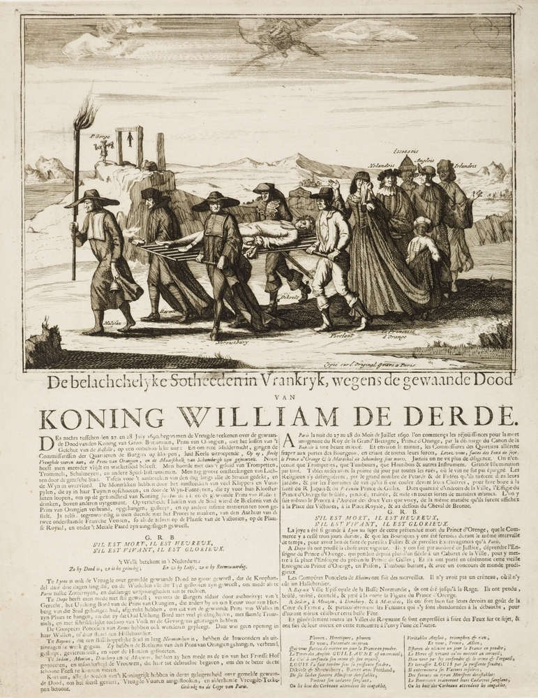 Spotprent op de reacties in Frankrijk op de vermeende dood van Willem III. "De belachelyke Sotheeden in Vrankryk, wegens de gewaande Dood van KONING WILLIAM DE DERDE."