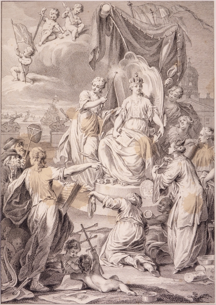 Titelblad van een boek van Wagenaar over Amsterdam. Zinnebeeldige voorstelling.