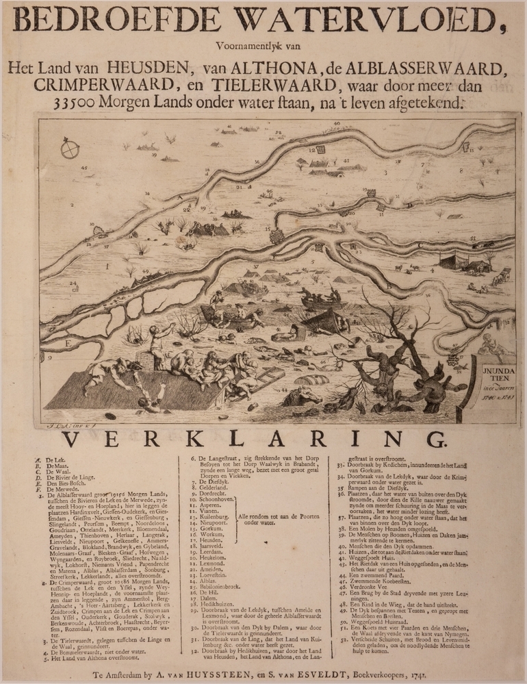 "BEDROEFDE WATERVLOED, Voornamentlyk van Het Land van HEUSDEN, van ALTHONA, de ALBLASSERWAARD, CRIMPERWAARD, en TIELERWAARD, waar door meer dan 33500 Morgen Lands onder water staan, na 't leven afgetekend."