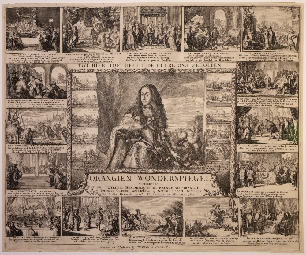 "ORANGIE WONDERSPIEGEL Vertoonende Willem Hendrick de III prince van Orangie versmaet, gehoont gedruckt daerna Geacht Geeert Verheven, door Gods Genaede tot onze Herstelling en Welvaren Amen."