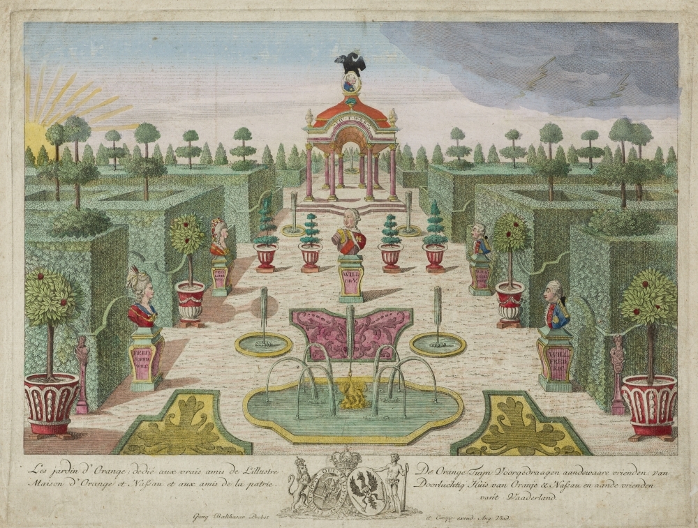 Zinneprent op het herstel der Stadhouders. "De Orange Tuyn"
