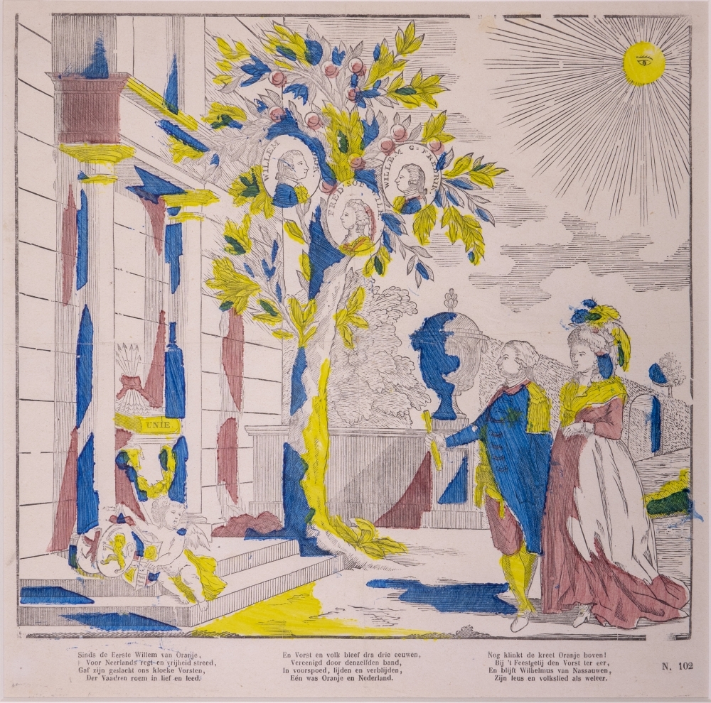 Prins Willem V en Prinses Wilhelmina bij het Monument van de Unie.