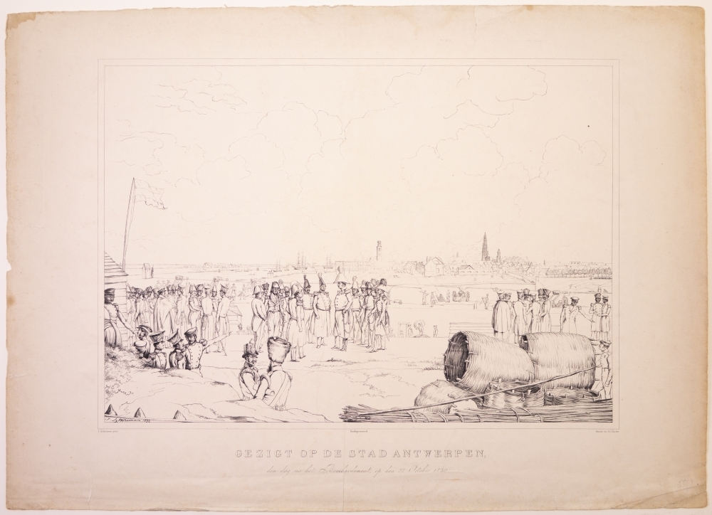 "GEZICHT OP DE STAD ANTWERPEN, den dag na het Bombardement, op den 28 October 1830."