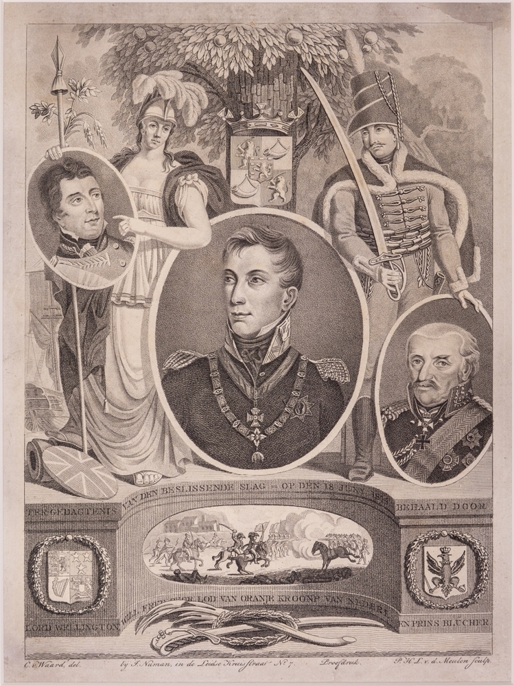 "TER GEDAGTENIS VAN DEN BESLISSENDE SLAG = OP DEN 18 JUNI 1815 BEHAALD DOOR LORD WELLINGTON WILL. FRED. GEOR. LOD. VAN ORANJE KROONP. VAN NEDERL. EN PRINS BLUCHER."
