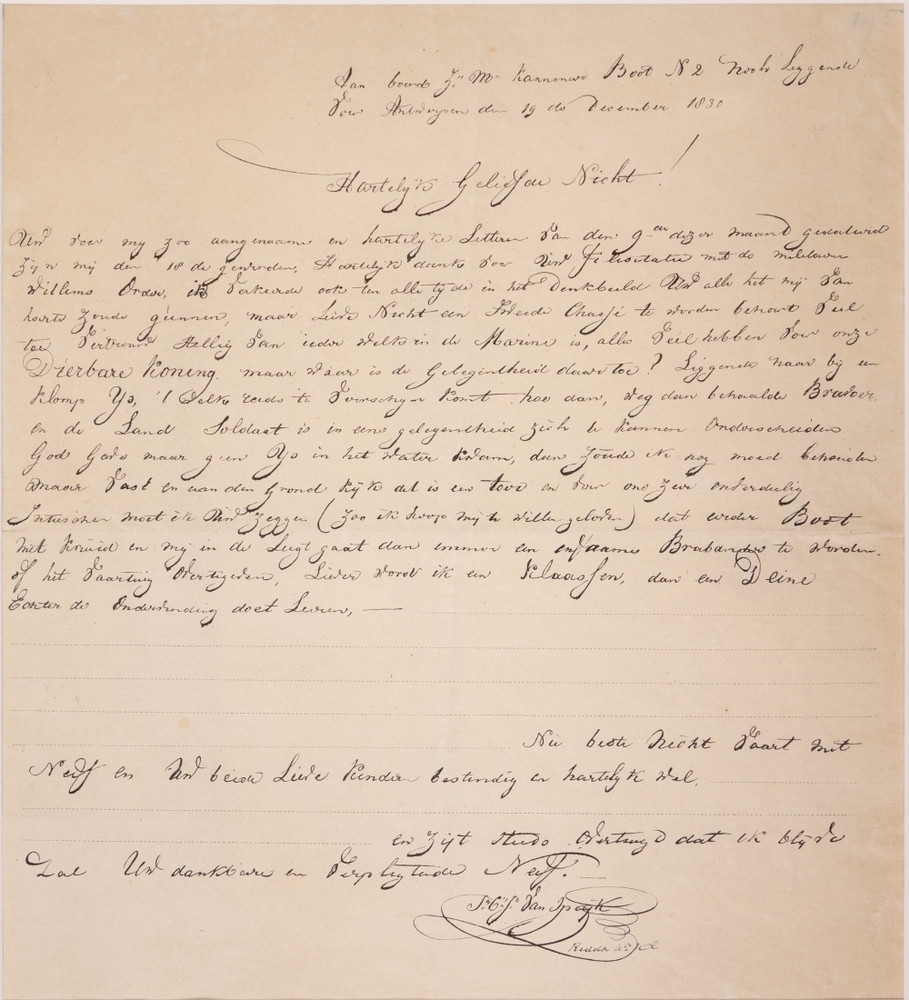 Brief van J.C.J. van Speyk aan zijn nicht, mevrouw De Dieu, geboren Van Tonderen.