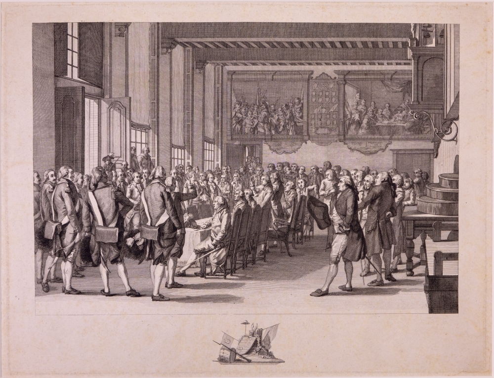 Beëdiging van het genootschap "Pro Aris et Focis" als een van de drie bataillons van de Schutterij van Haarlem.