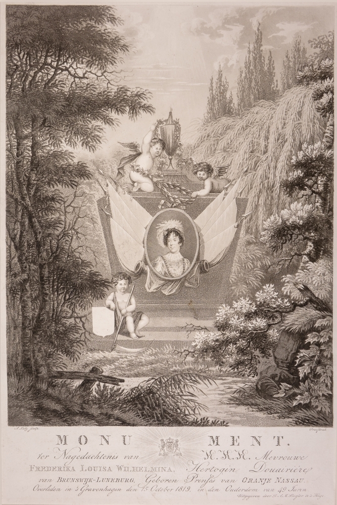 "MONUMENT. ter Nagedachtenis van H.K.H. Mevrouwe FREDERIKA LOUISA WILHELMINA Hertogin Douairiere van BRUNSWIJK-LUNEBURG, Geboren Prinses van ORANJE NASSAU. Overleden in 's Gravenhage den 15 october 1819, in den Ouderdom van 49 jaren."