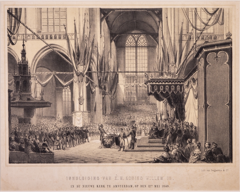 "INHULDIGING VAN Z.M. KONING WILLEM III. IN DE NIEUWE KERK TE AMSTERDAM, OP DEN 12n MEI 1849."