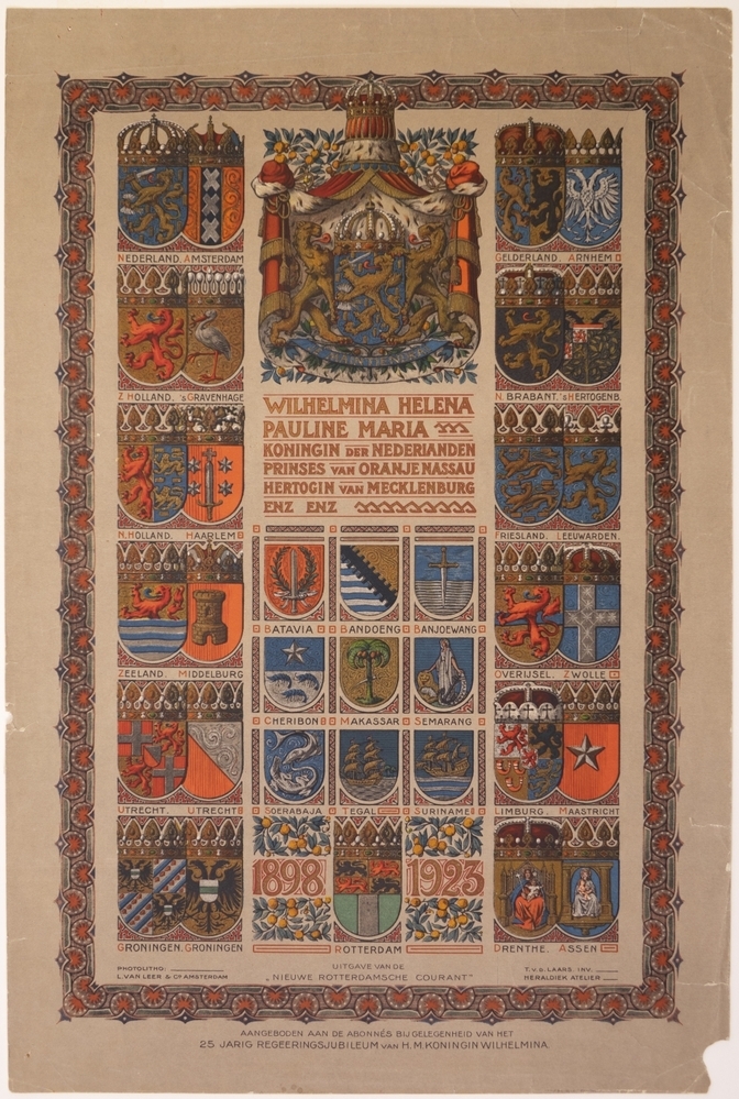 wapens: Wapenblad uitgegeven t.g.v. het 25-jarig regeringsjubileum van Koningin Wilhelmina door de Nieuwe Rotterdamsche Courant.