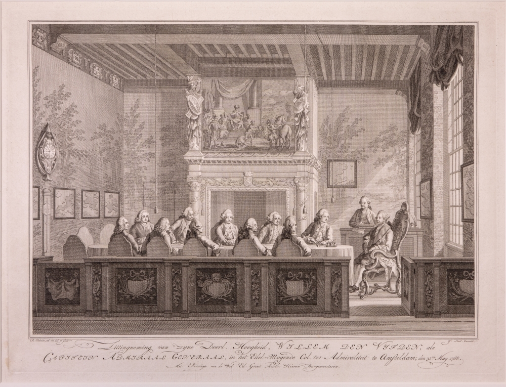 Inkomst en verblijf van Willem V en Wilhelmina in Amsterdam met de vreugdebedrijven en plechtigheden aldaar. "Zittingneming van Willem V ter Admiraliteit."