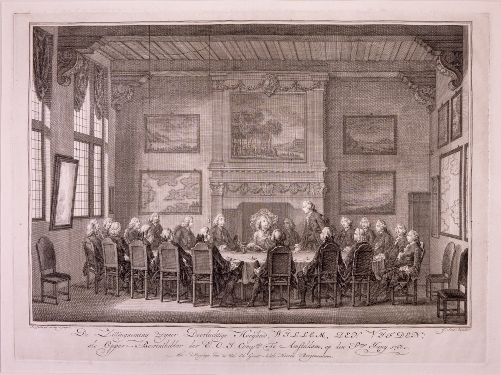 Inkomst en verblijf van Willem V en Wilhelmina te Amsterdam met de vreugdebedrijven en plechtigheden aldaar. "Zittingneming van Willem V in de Oost Indische Comp."