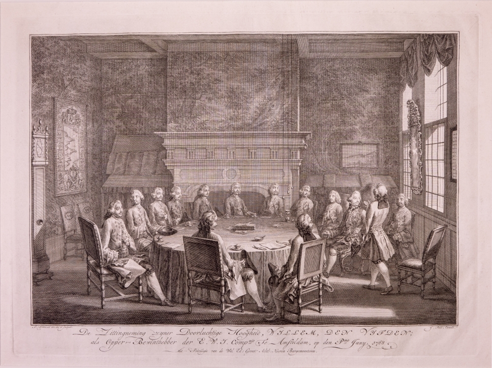 Inkomst en verblijf van Willem V en Wilhelmina in Amsterdam met de vreugdebedrijven en plechtigheden aldaar. "Zittingneming van Willem V in de W.I. Comp."