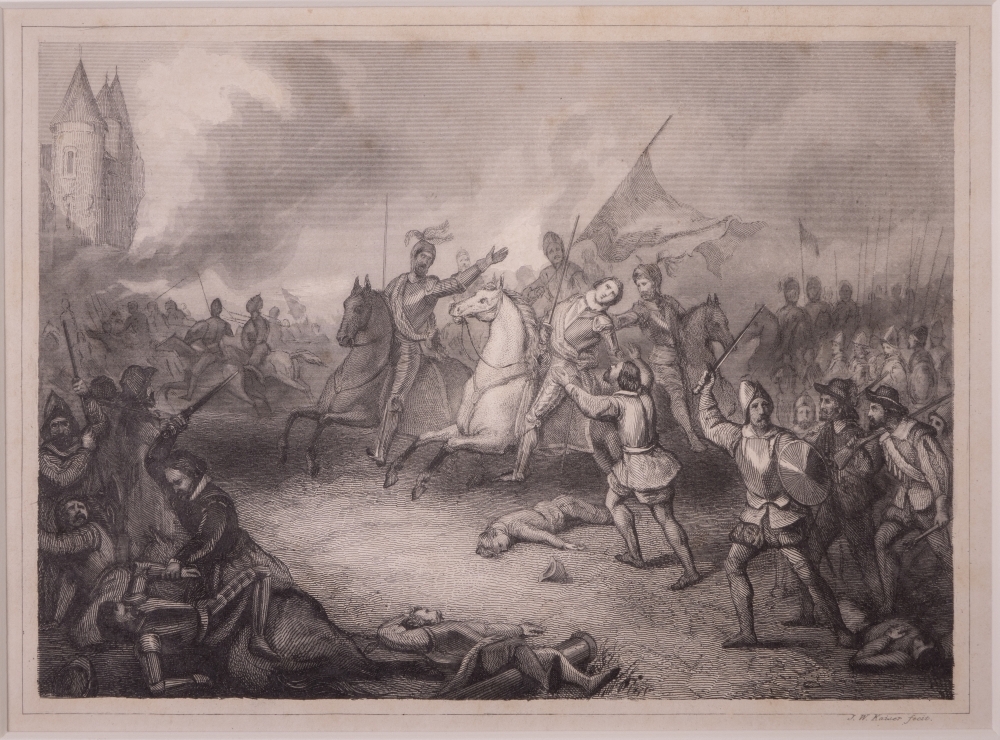 Het sneuvelen van Adolf van Nassau bij Heiligerlee tijdens de door zijn broer Lodewijk geleide veldtocht tegen Groningen.