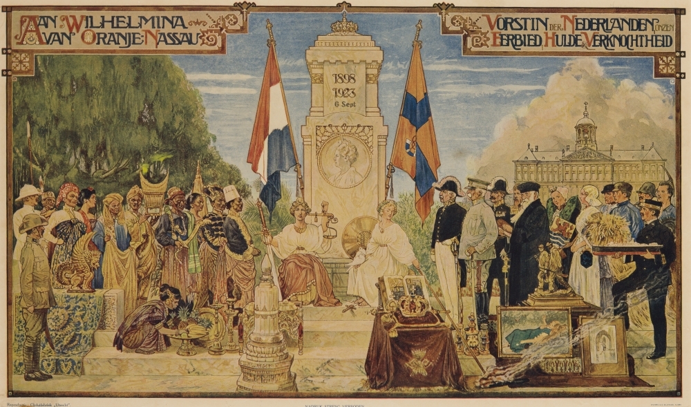 "AAN WILHELMINA VAN ORANJE NASSAU VORSTIN DER NEDERLANDEN ONZEN EERBIED, HULDE & VERKNOCHTHEID." t.g.v. 25-jarig regeringsjubileum.
