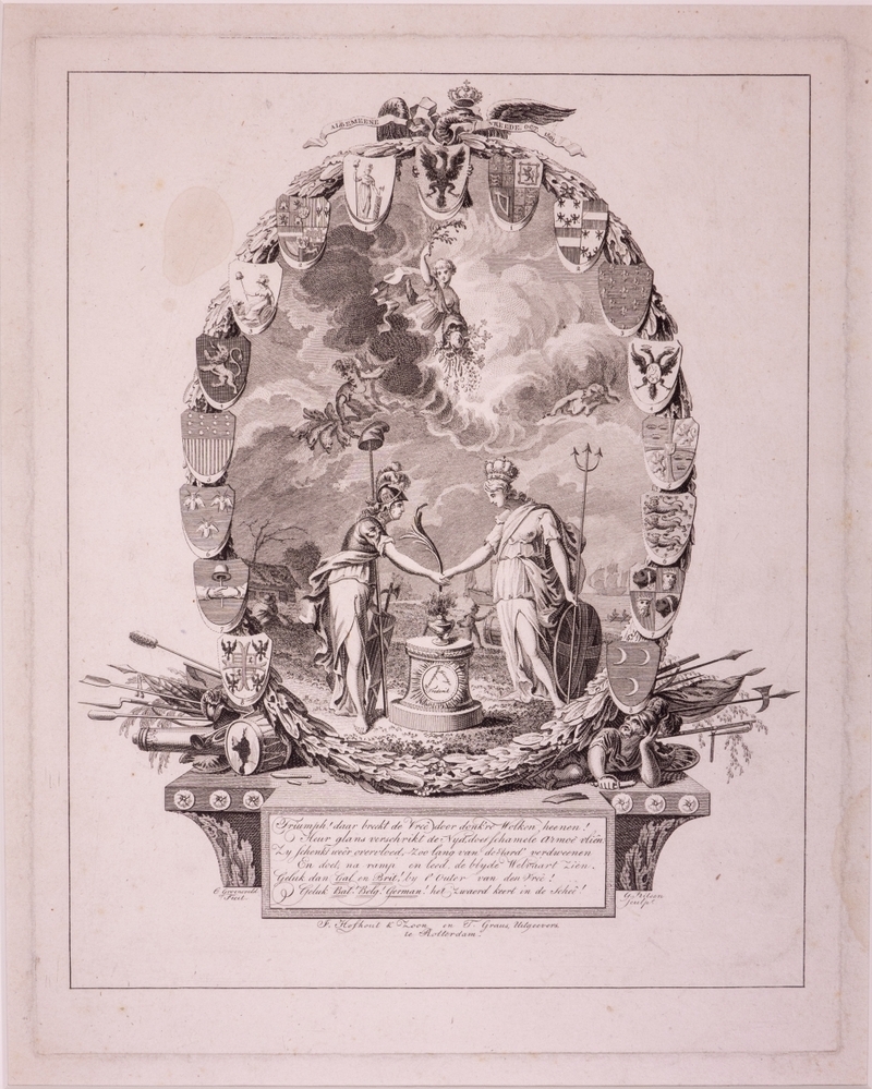 "Algemeene vreede. Oct. 1801." Zinneprent op de preliminaire vrede gesloten te Londen.  Voor toelichting (boekdruk) zie JMD-OP-0219.