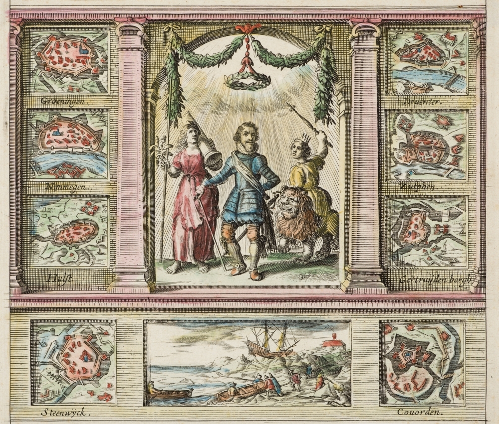 Zinneprent ter eere van Maurits en het beleg van een aantal steden.