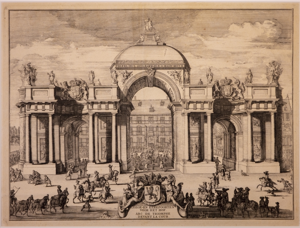 "Eereboog op het Buitenhof ter gelegenheid van de entree van Willem III na de kroning in Engeland tot koning."