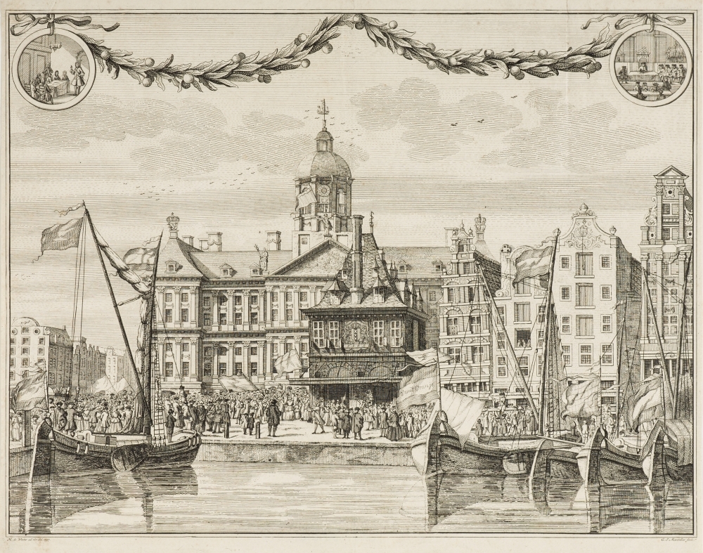 Afbeelding van de Dam met Stadhuis en Waag met de uitgestoken vaandels bij de afkoniging van Willem IV als Stadhouder, te Amsterdam.