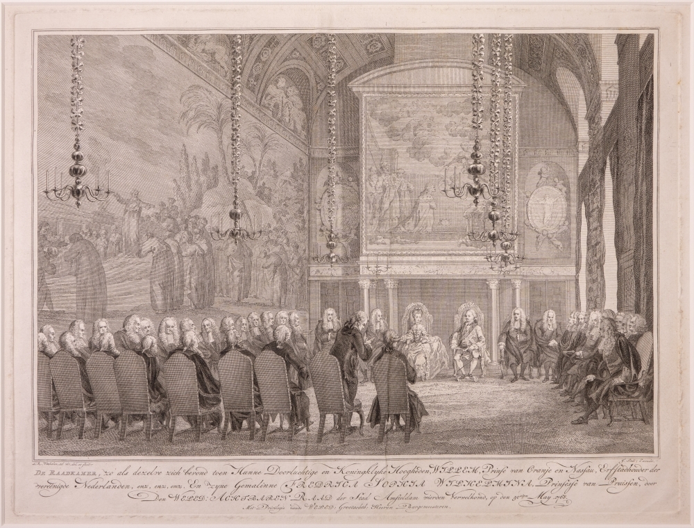 Inkomst en verblijf van Willem V en Wilhelmina in Amsterdam met de vreugdebedrijven en plechtigheden aldaar. "De Raadkamer, waar het echtpaar werd verwelkomd."