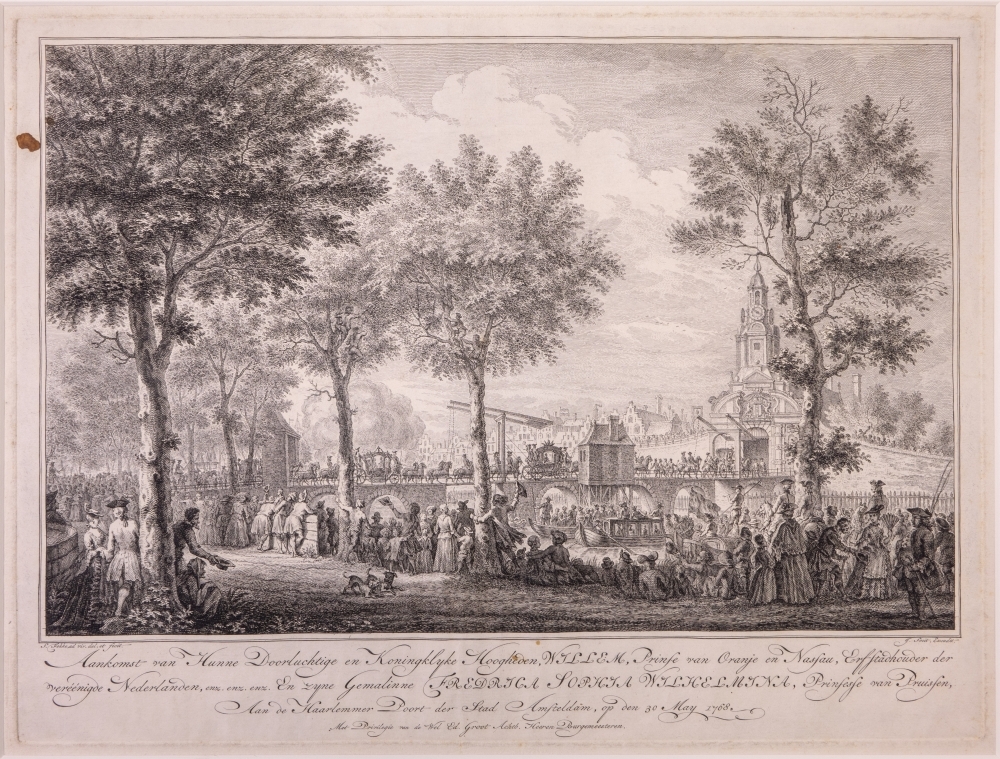 Inkomst en verblijf van Willem V en Wilhelmina in Amsterdam met de vreugdebedrijven en plechtigheden aldaar. "Aankomst bij de Haarlemmerpoort."