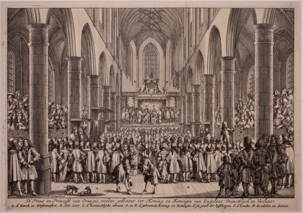 De kroning van Willem III en Mary Stuart II als koning en koningin van Engeland.