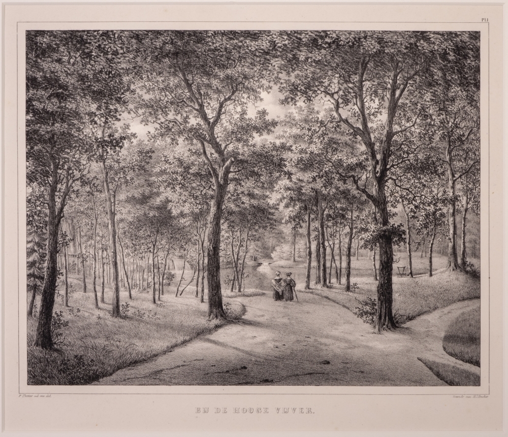 topografie: "BIJ DE HOOGE VIJVER." litho uit een serie van 12 over het park van het Loo.