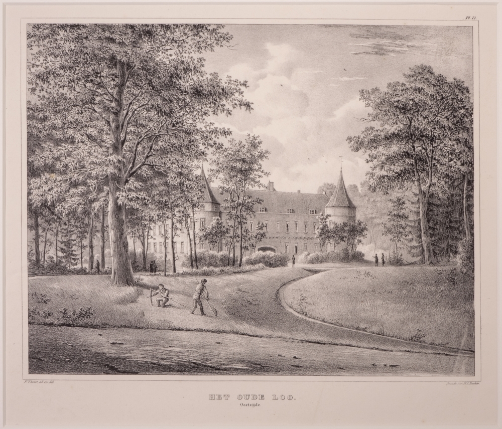 topografie: "HET OUDE LOO." litho uit een serie van 12 gezichten in het park Het Loo.