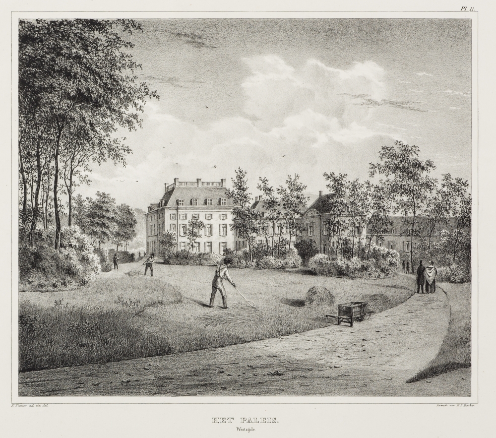 topografie: "HET PALEIS." litho uit een serie van 12, gezichten in het park Het Loo.