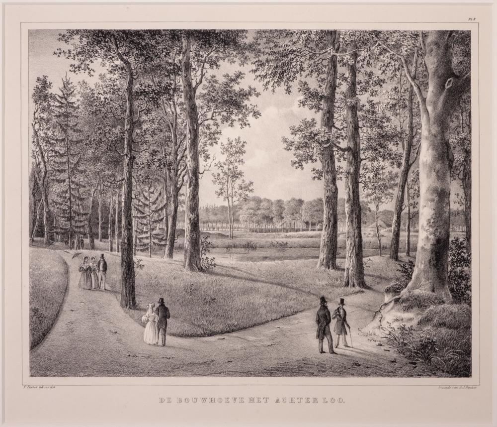 topografie: "DE BOUWHOEVE HET ACHTER LOO." Litho uit een serie van 12, gezichten op het park Het Loo.