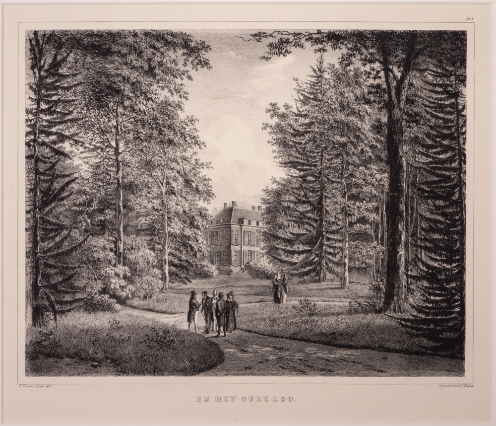 topografie: "BIJ HET OUDE LOO." litho uit een serie van 12, gezichten in het park Het Loo.