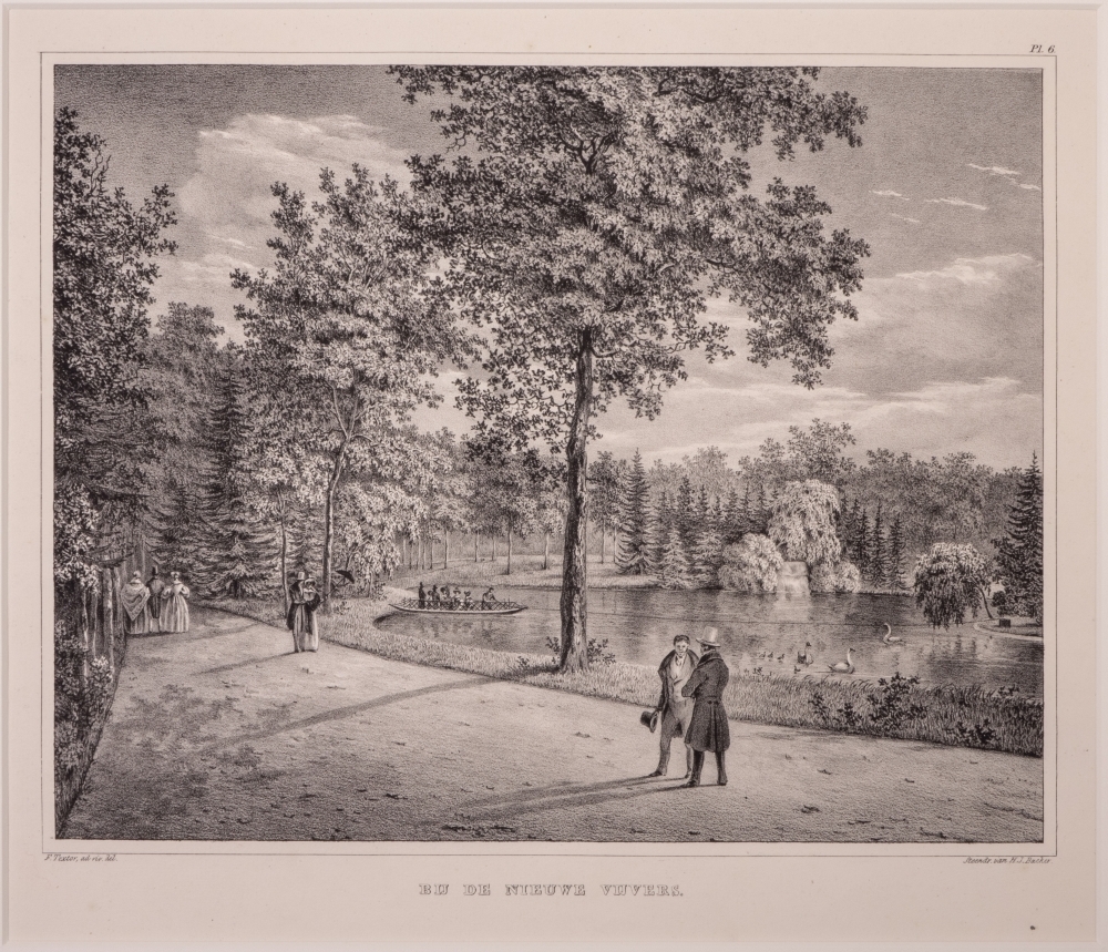 topografie: "BIJ DE NIEUWE VIJVERS." Litho uit een serie van 12, gezichten in het park Het Loo.