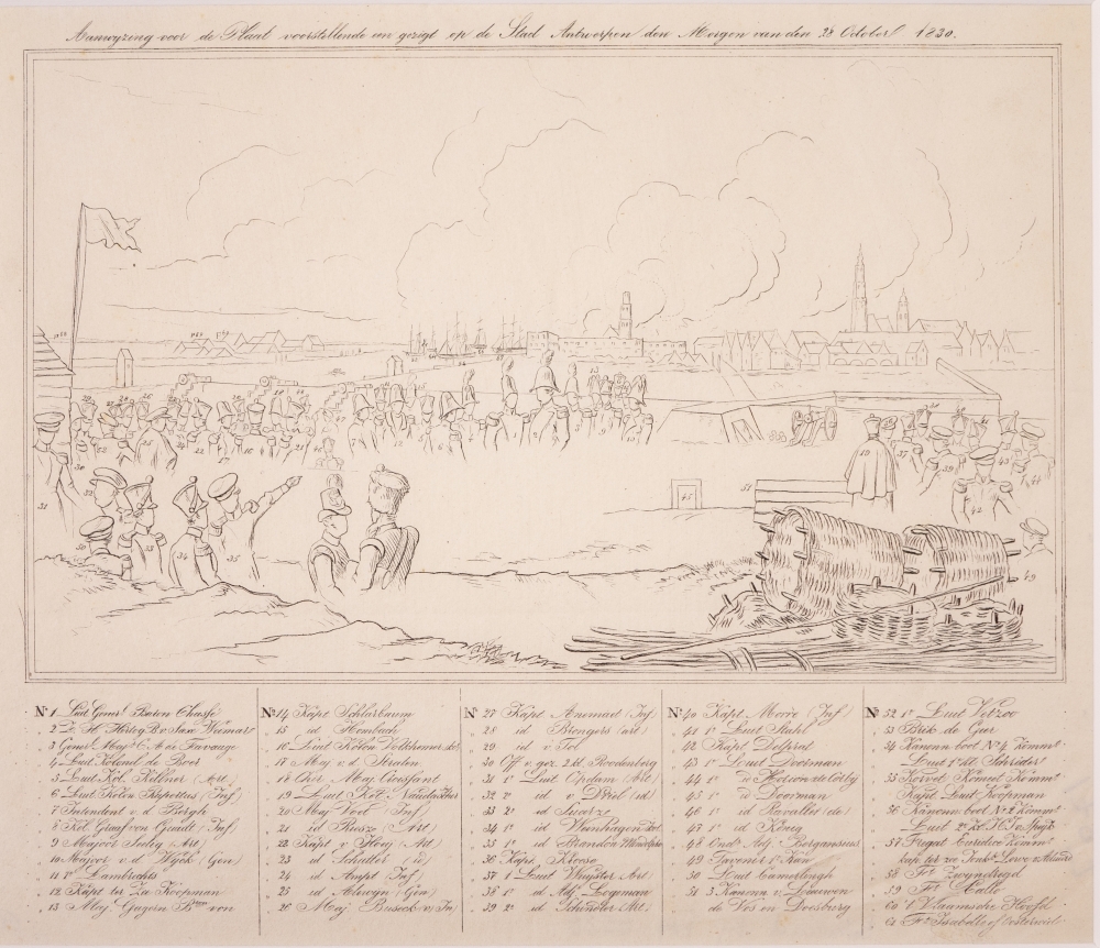 "Aanwijzing voor de Plaat voorstellinde een gezigt op de Stad Antwerpen den morgen van den 28 October 1830."