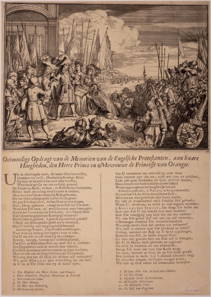 Allegorie op de Glorius Revolution, "Ootmoedige Opdracht van de Memorien van de Engelsche Protestanten, aan haare Hoogheden, den Heere Prince en Mevouwe de Princesse van Orangie."