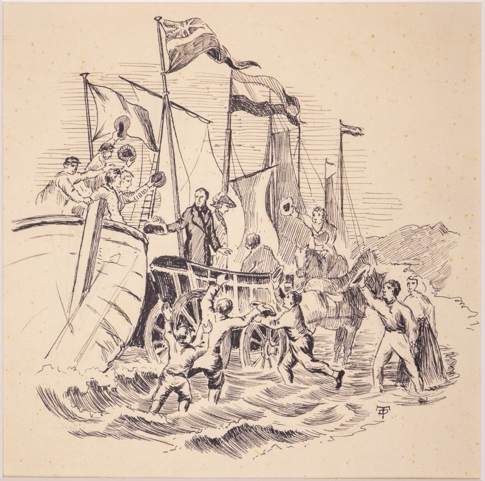 Aankomst van de souvereine vorst Willem I te Scheveningen.