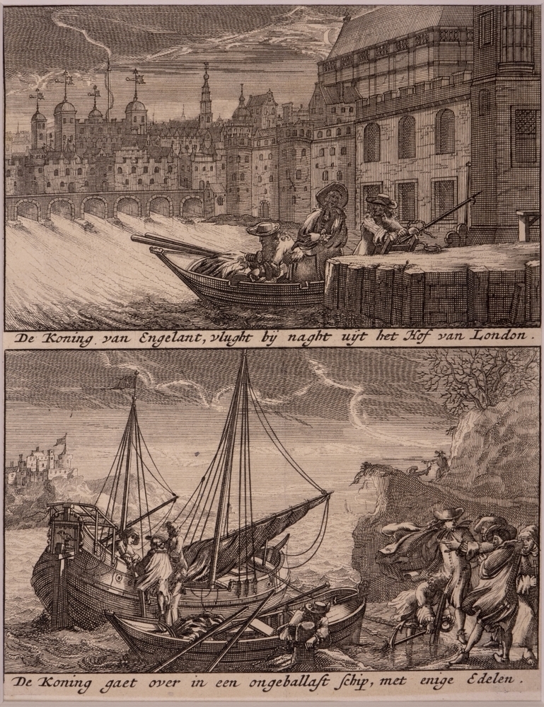De aankomst van Willem III in Engeland, en de vlucht van Koning Jacobus II, de Koningin en de Prins van Wales uit Londen.