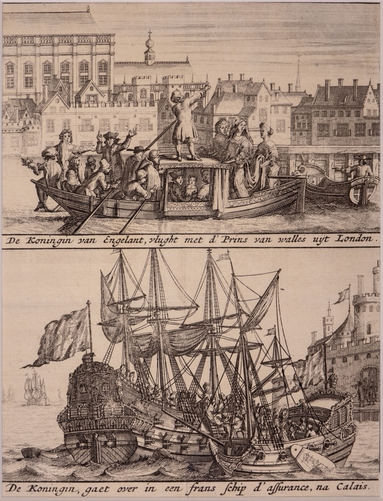 De aankomst van Willem III in Engeland, en de vlucht van Koning Jacobus II, de Koningin en de Prins van Wales uit Londen.