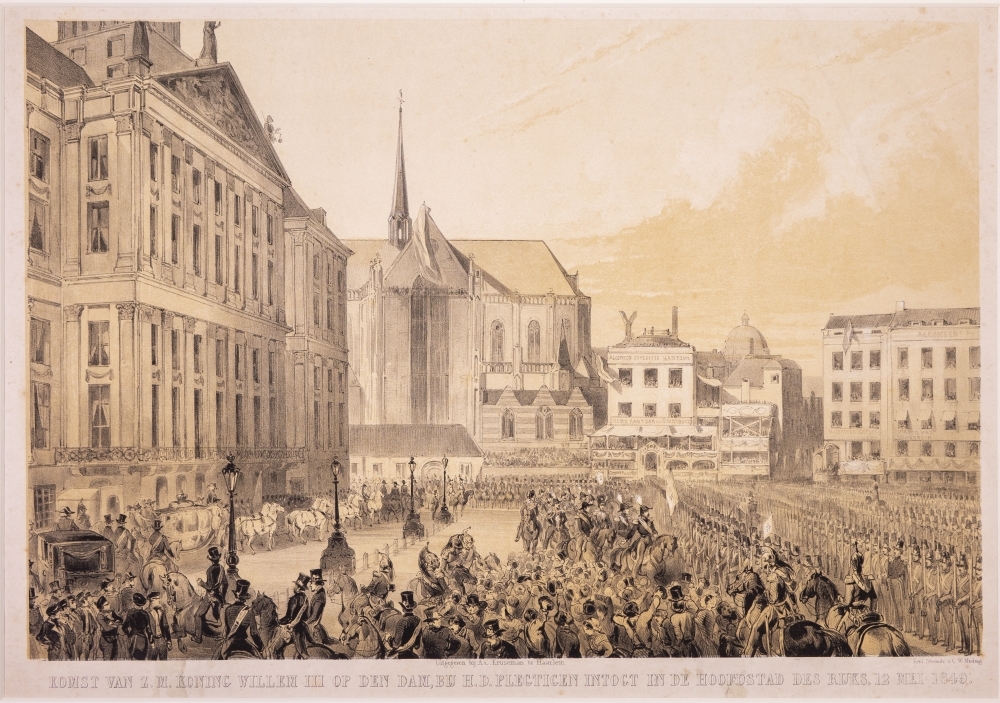 "KOMST VAN ZM KONING WILLEM III OP DEN DAM, BIJ H.D. PLEGTIGEN INTOGT IN DE HOOFDSTAD DES RIJKS, 12 MEI 1849."