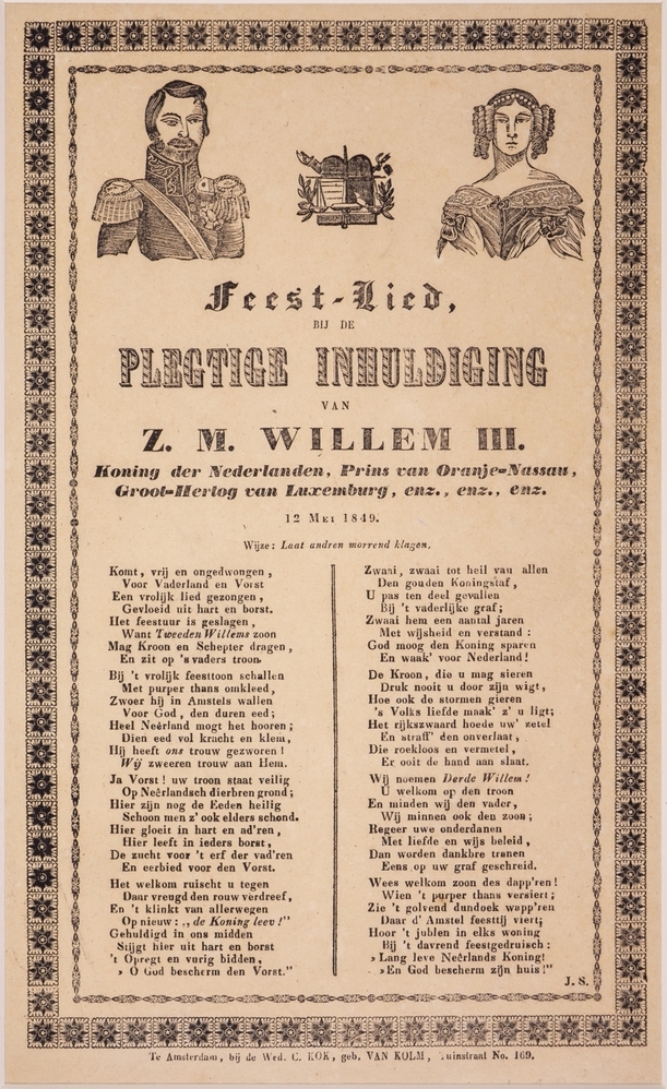 "Feest-lied, BIJ DE PLEGTIGE INHULDIGING VAN Z.M. WILLEM III."