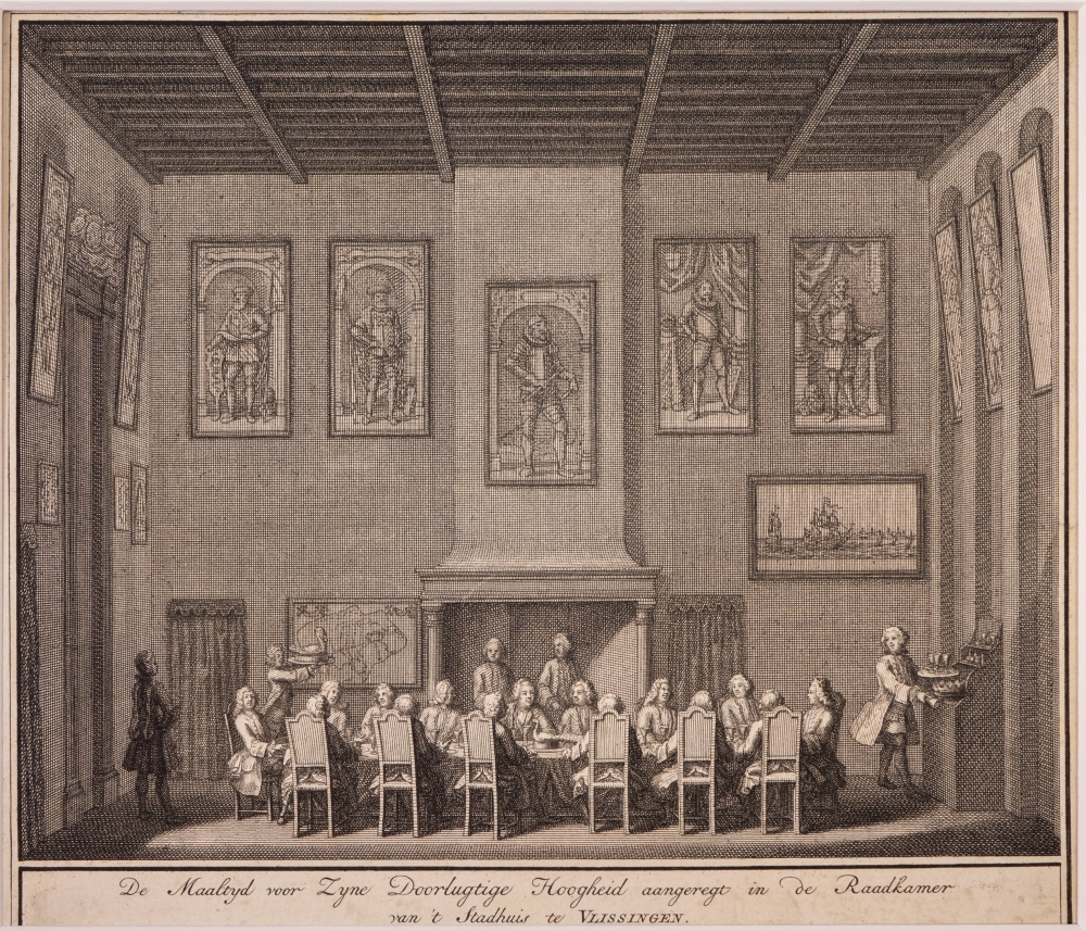 Inhuldiging van Willem IV als Erfheer van Vlissingen. "De Maaltijd voor Zijne Doorluchtige Hoogheid aangeregt in de Raadkamer van 't Stadhuis te VLISSINGEN."