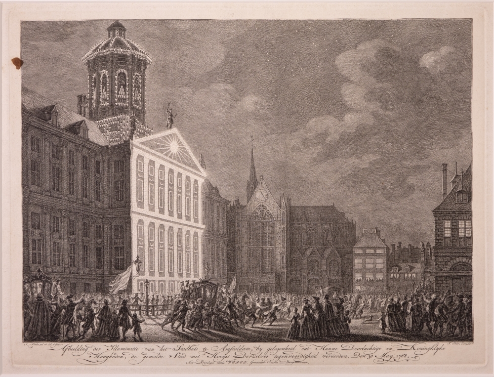 Inkomst en verblijf van Willem V en Wilhelmina te Amsterdam met de vreugdebedrijven en plechtigheden aldaar. "Illuminatie van het Stadhuis."