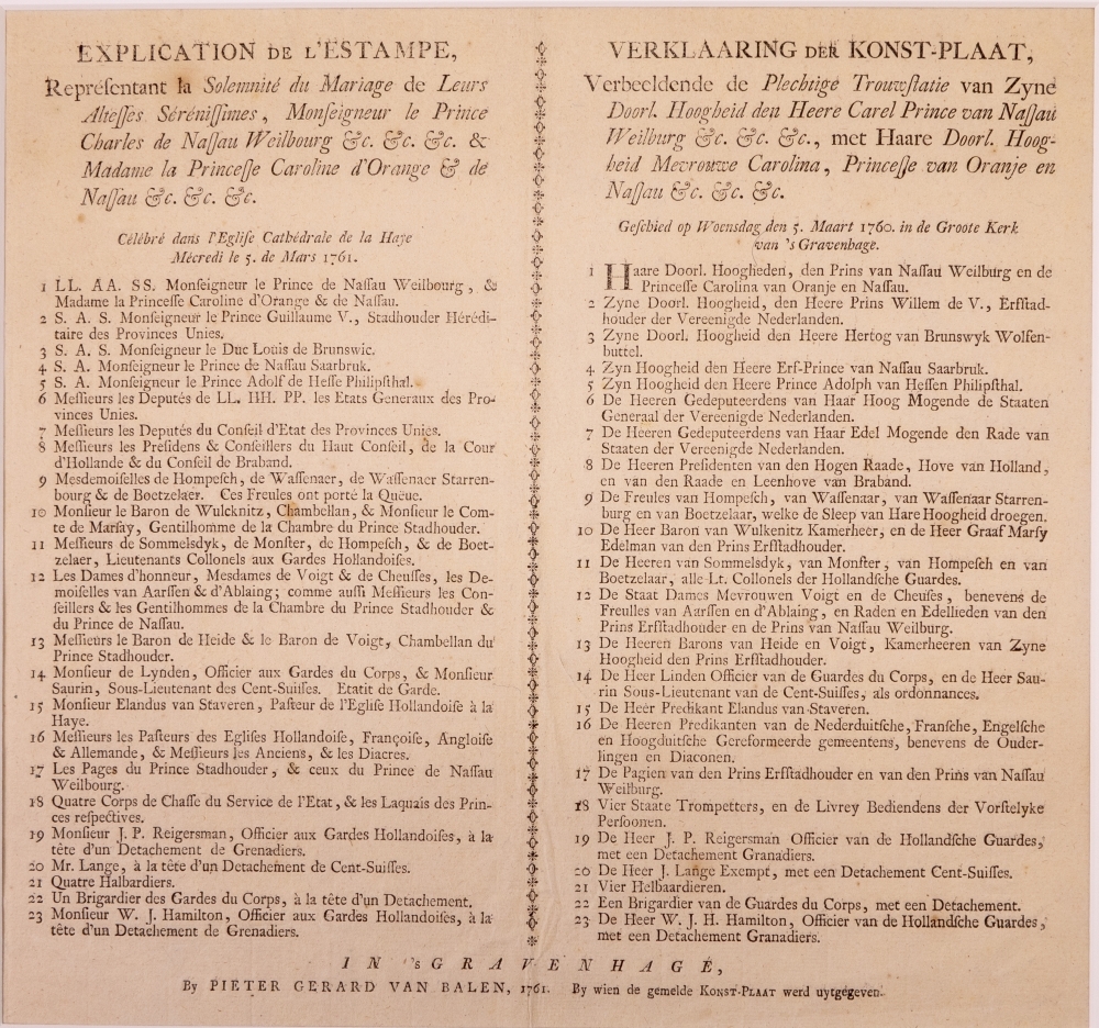 Explicatie van de nummers 1 t/m 23 op de plaat FM 4110. (inv.nrs: 1866, 1982, 2090.) Huwelijk Carel Christiaan van Nassau Weilburg en Carolina van Oranje Nassau.